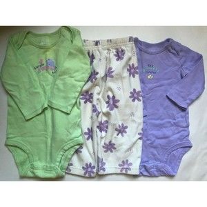 Girl's Size 6m 3-6 Months 3 Piece Green Cat L/S Top, Purple Princess Top, Pants